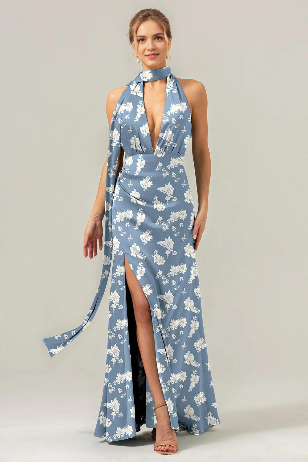 Flower sheath deep V-neck backless satin bridesmaid dress