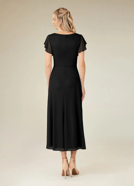 Eucalyptus tree A-line V-neck pleated mesh tea long mother of bride dress