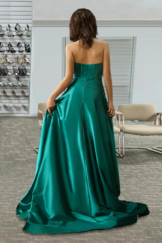 Strapless fishbone corset satin slit ball gown