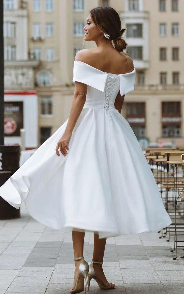 Retro off shoulder short wedding dress A-line satin bridal gown