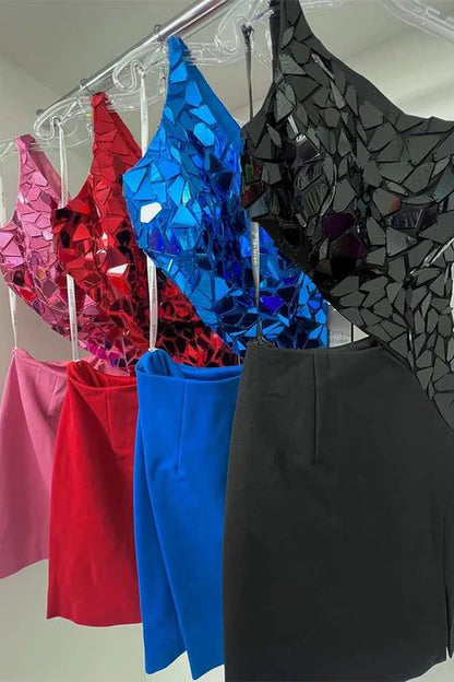 One-Shoulder Cut Glass Mirror Cutout Mini Cocktail Dress