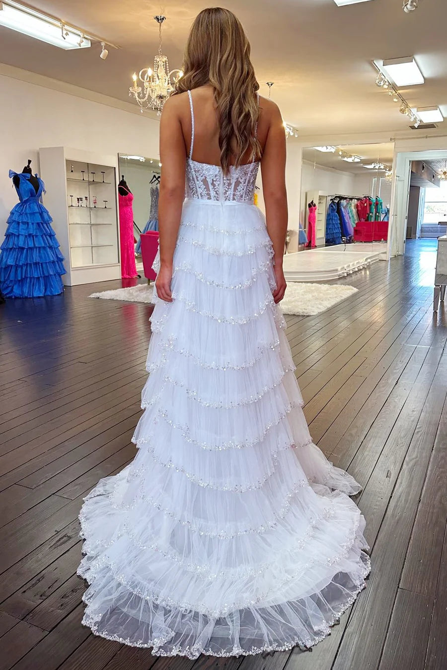 Lace bead pleated layered long ball dress with slit