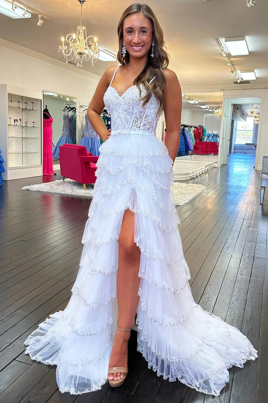 Lace bead pleated layered long ball dress with slit