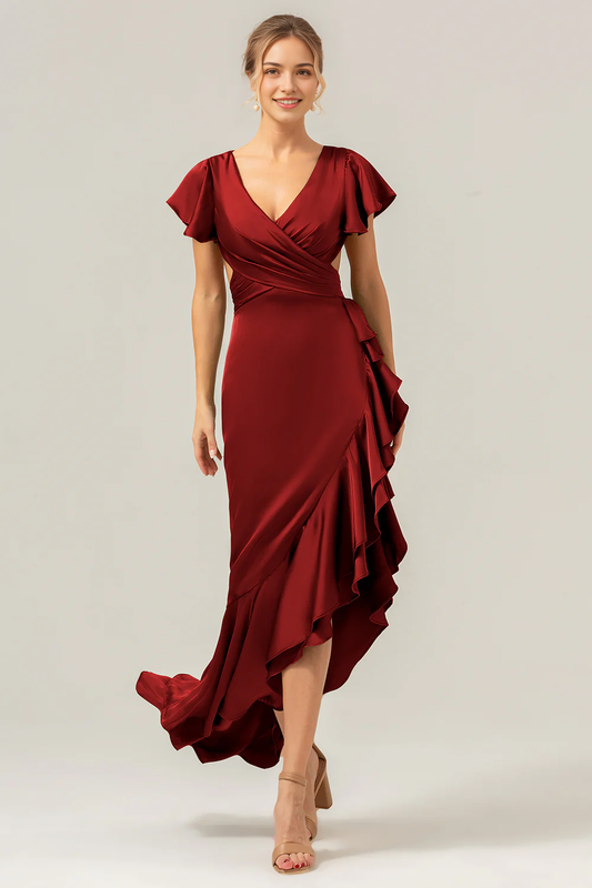 A V-neck asymmetrical pleated bridesmaid dress