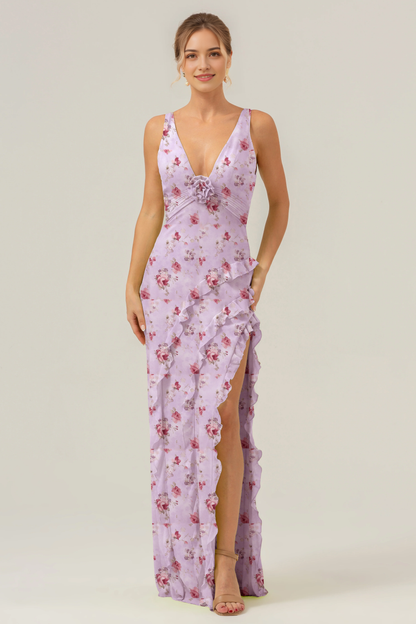Big floral sheath V-neck backless bridesmaid dress with ruffles