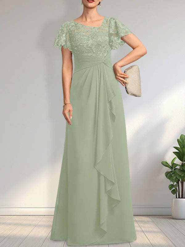 A-line Asymmetrical Illusion Floor-Length Lace Chiffon Mother of the Bride Dress With Cascading Ruffles Sequins