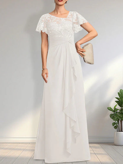 A-line Asymmetrical Illusion Floor-Length Lace Chiffon Mother of the Bride Dress With Cascading Ruffles Sequins