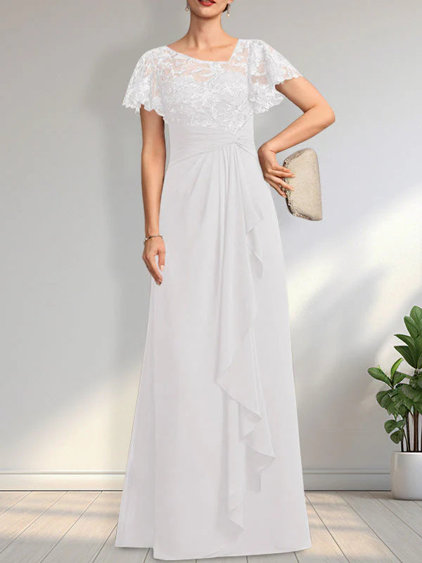 A-line Asymmetrical Illusion Floor-Length Lace Chiffon Mother of the Bride Dress With Cascading Ruffles Sequins