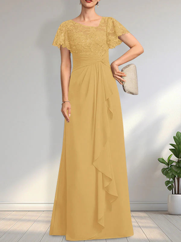 A-line Asymmetrical Illusion Floor-Length Lace Chiffon Mother of the Bride Dress With Cascading Ruffles Sequins