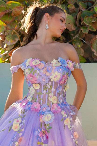 A-line off shoulder transparent corset with three-dimensional floral chiffon dress