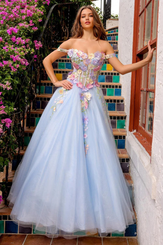 A-line off shoulder transparent corset with three-dimensional floral chiffon dress