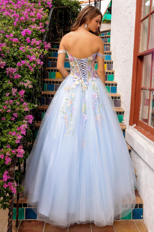 A-line off shoulder transparent corset with three-dimensional floral chiffon dress