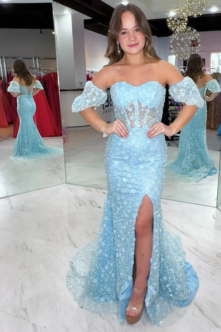 3D Floral Lace Sweetheart Mermaid Long Prom Dress with Slit