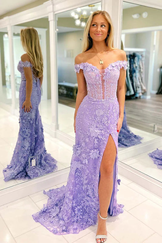 Deep V transparent tight fishbone corset with 3D flowers side slit ballroom dress