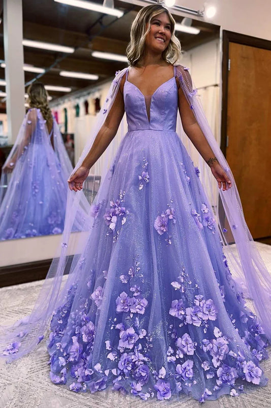 3D floral lace A-line ball gown with open sleeves