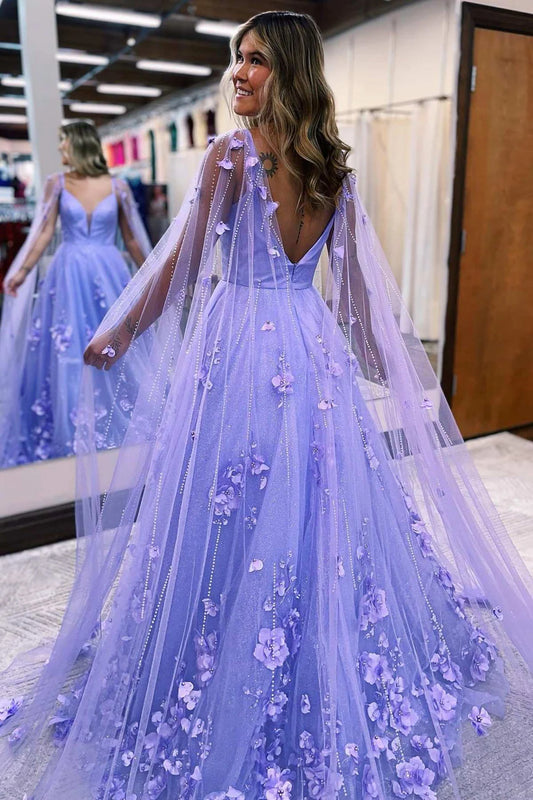 3D floral lace A-line ball gown with open sleeves