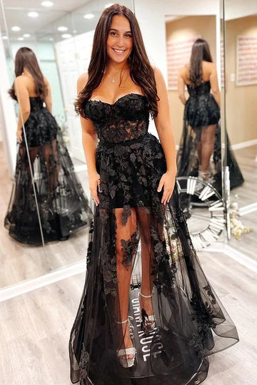 Transparent mesh 3D floral lace strapless A-line ball dress