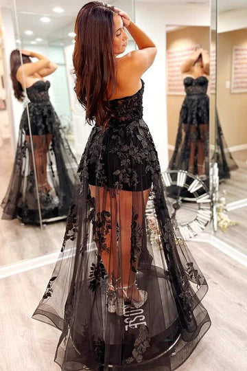 Transparent mesh 3D floral lace strapless A-line ball dress