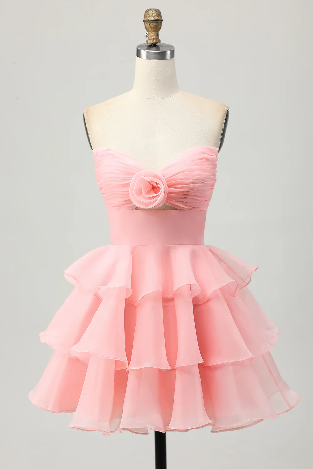 3D flower line layered strapless hollow out short back to school dress