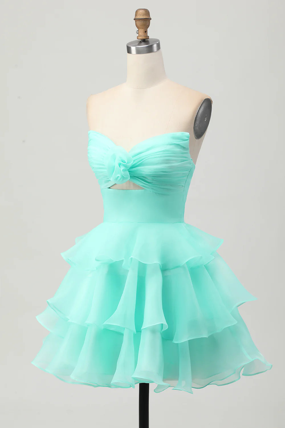 3D flower line layered strapless hollow out short back to school dress