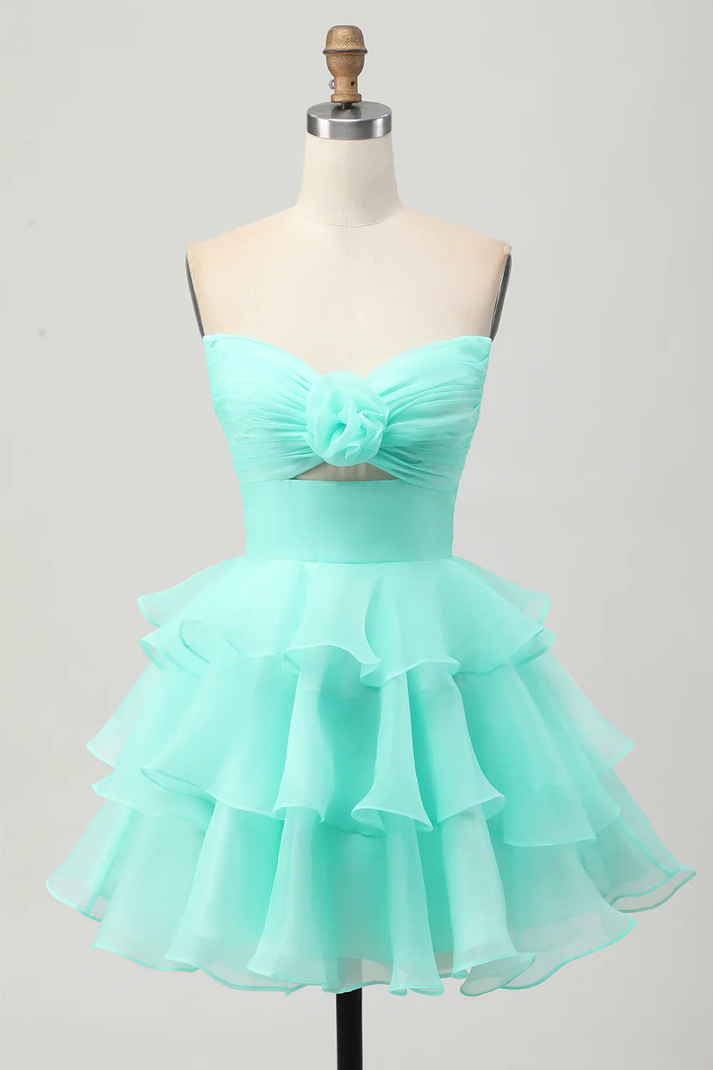 3D flower line layered strapless hollow out short back to school dress