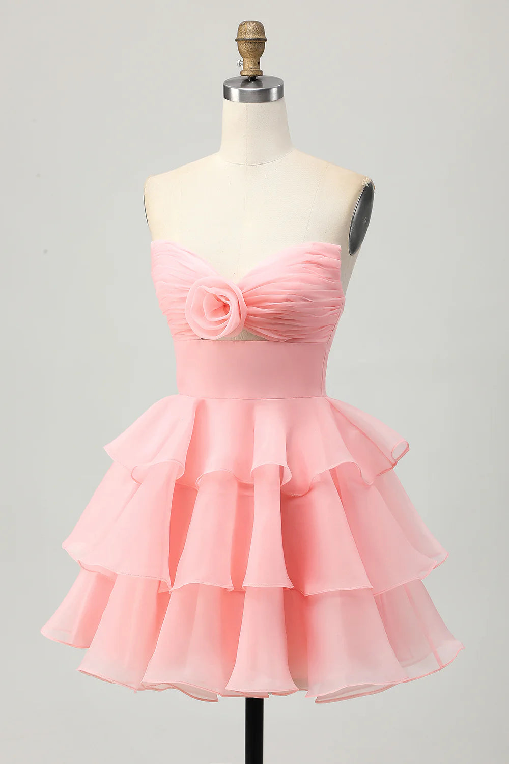 3D flower line layered strapless hollow out short back to school dress