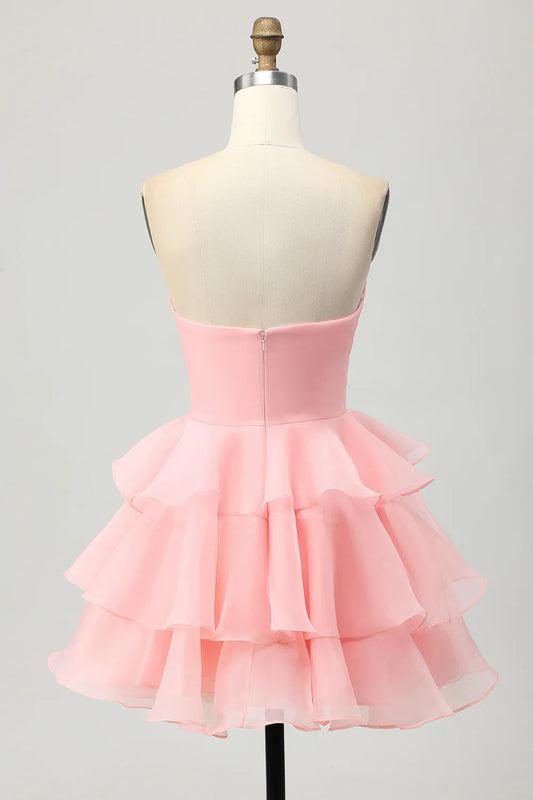 3D flower line layered strapless hollow out short back to school dress