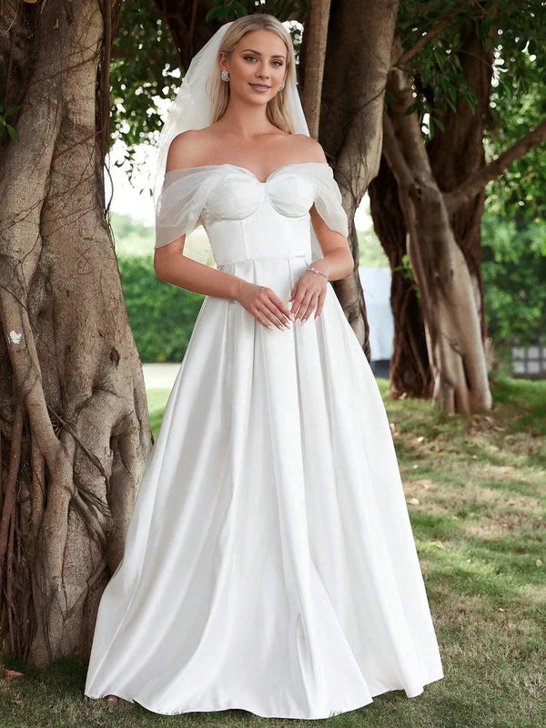 Shoulderless pleated half body satin and floor length wedding dress