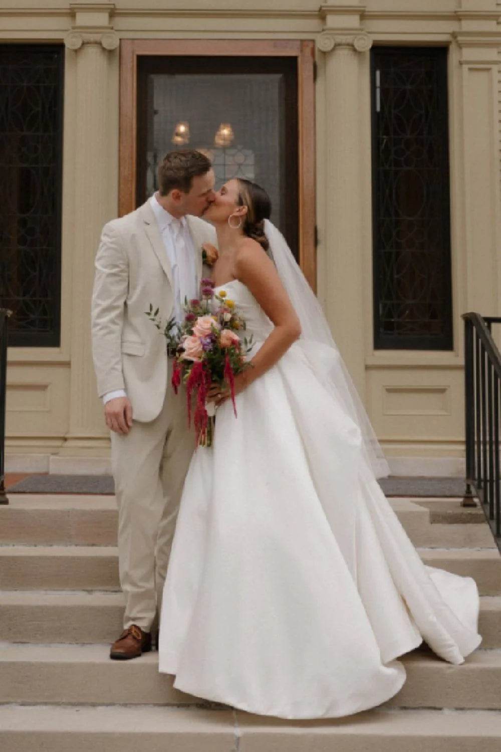 Classic A Line Strapless White Satin Long Wedding Dress with Bowknot