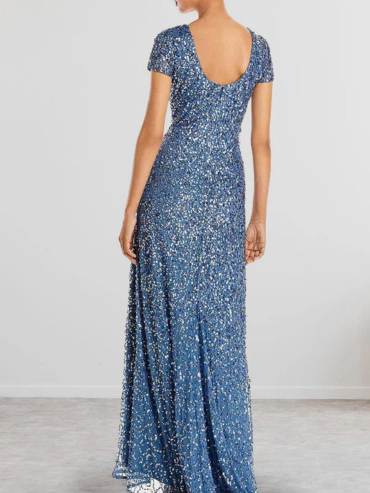 Round neck short sleeved sequined tight fitting long bridal gown