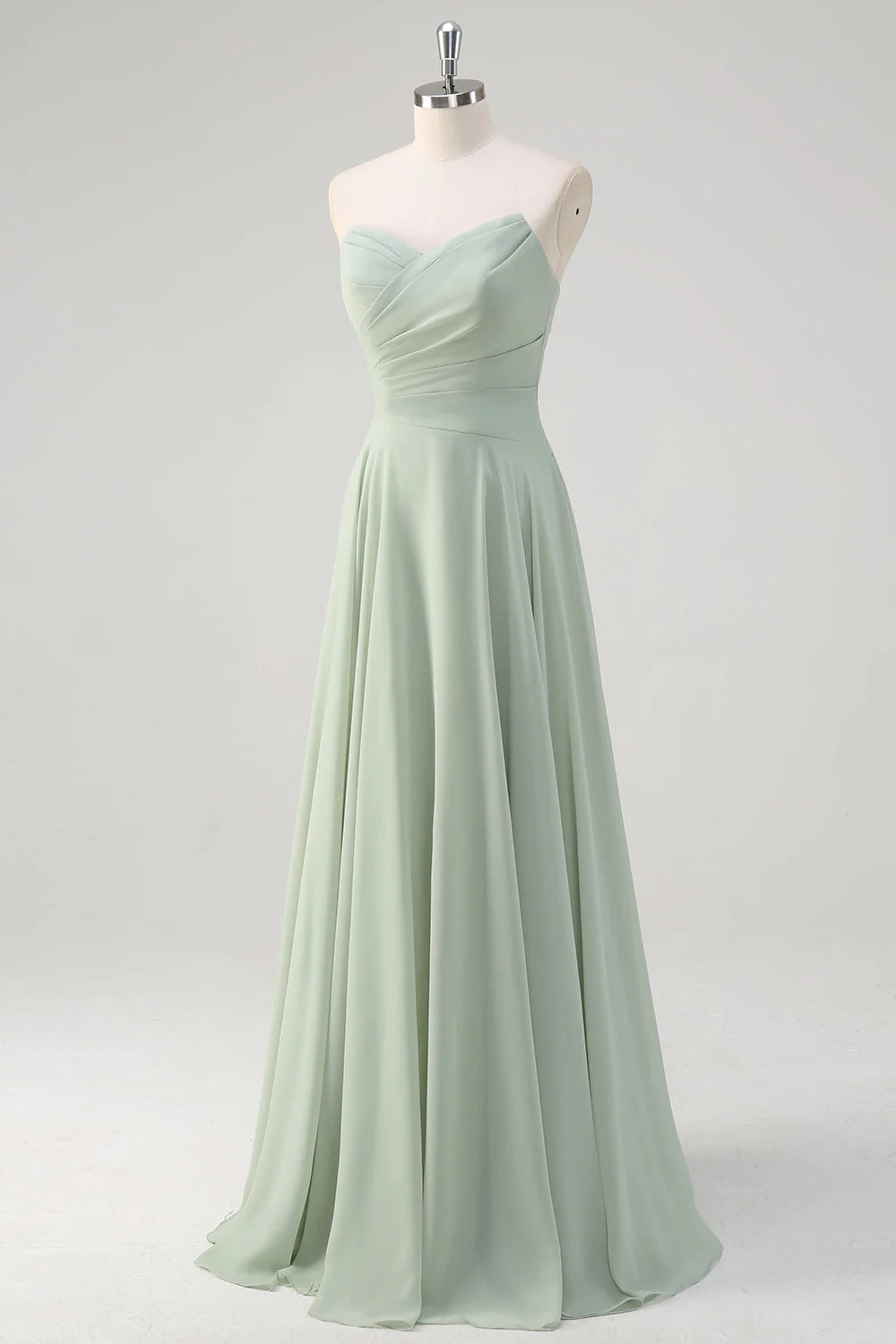 Matcha A Line Strapless Ruched Chiffon Backless Long Bridesmaid Dress