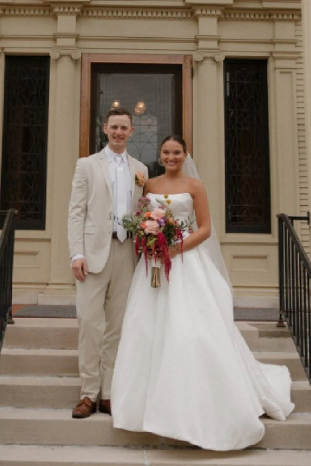 Classic A Line Strapless White Satin Long Wedding Dress with Bowknot