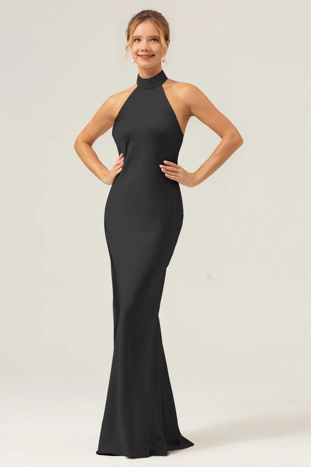 Hanging neck backless long satin bridesmaid dress with slit