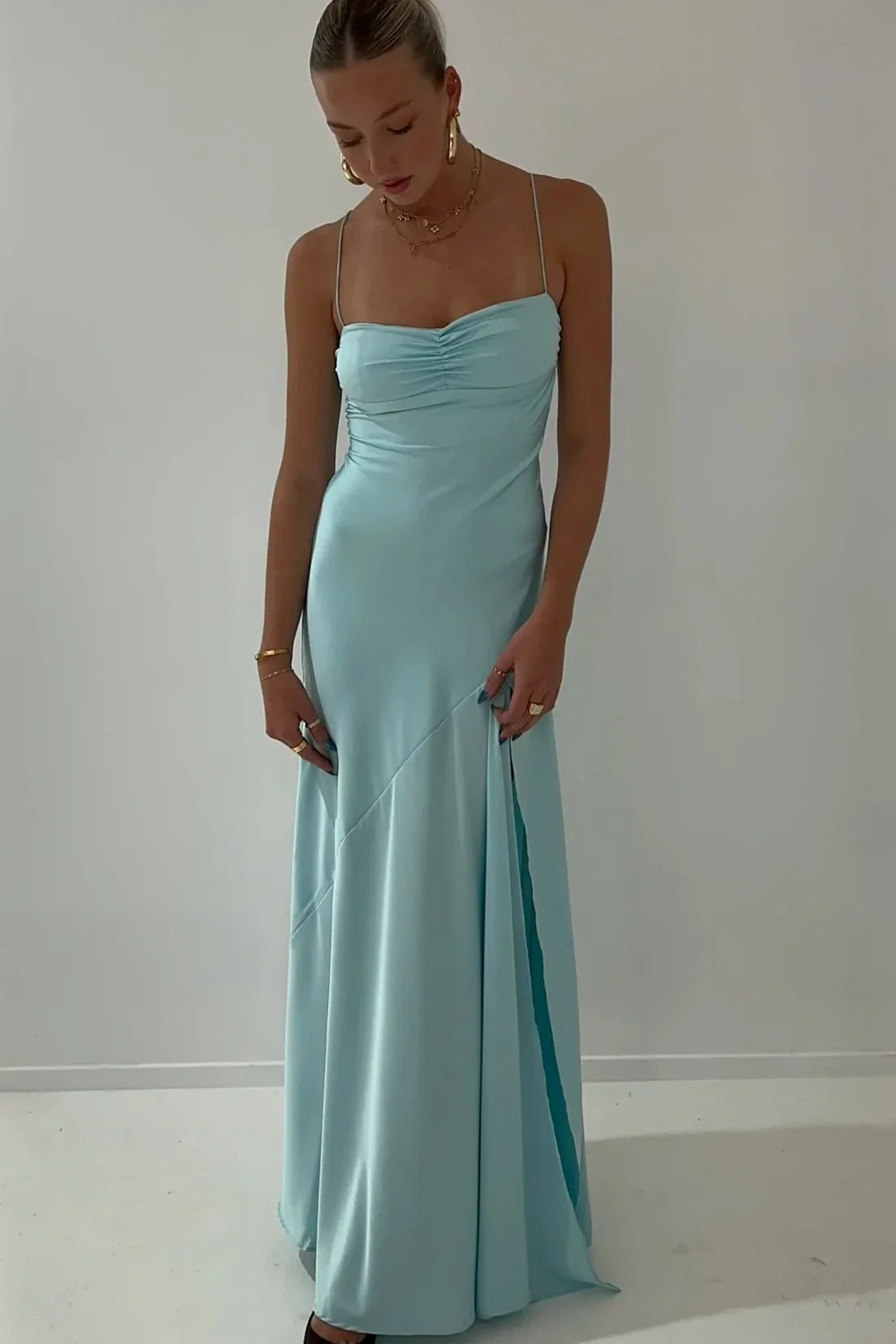 Simple Sheath Spaghetti Straps Pink Long Party Dress with Split Front Prom Dress