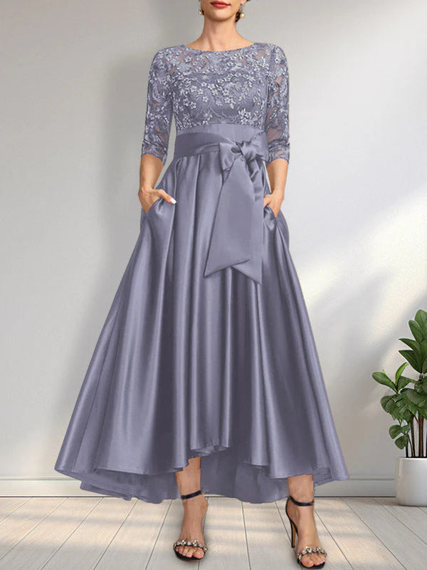 A-line Scoop Illusion Asymmetrical Satin Lace Mother of the Bride Dress With Bow
