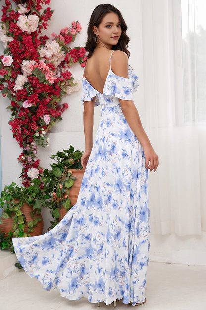 White Purple Flower A Line Cold Shoulder Chiffon Long Bridesmaid Dress