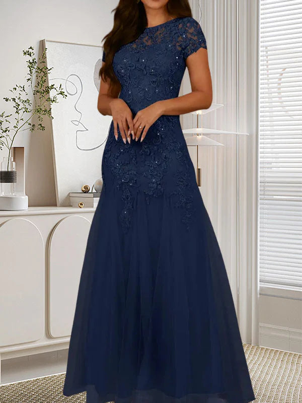 Mermaid round neck sequined chiffon dress long