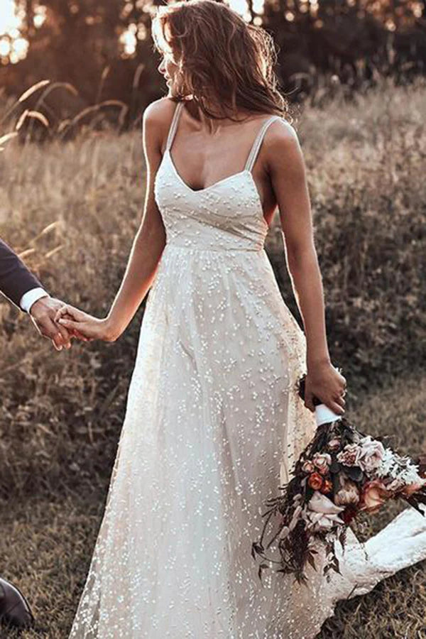 Simple backless thin suspender V-neck sleeveless wedding dress