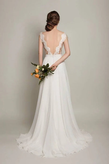 Elegant lace chiffon long A-line sleeveless backless beach wedding dress bride