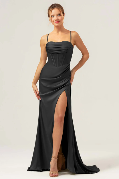 Collar pleated satin bridesmaid dress with slit
