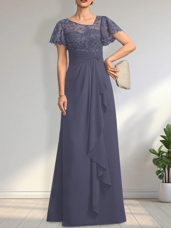 A-line Asymmetrical Illusion Floor-Length Lace Chiffon Mother of the Bride Dress With Cascading Ruffles Sequins