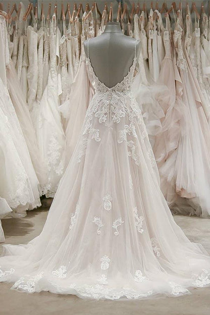 Thin strap V-neck sleeveless backless lace applique wedding dress