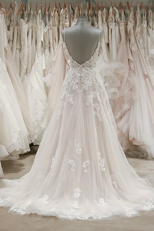 Thin strap V-neck sleeveless backless lace applique wedding dress