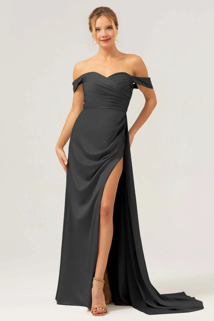 Fashionable mermaid off shoulder pleated satin long bridesmaid dress with slit