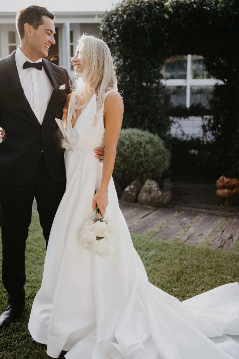 Hot A Line Deep V Neck White Wedding Dress with Bowknot