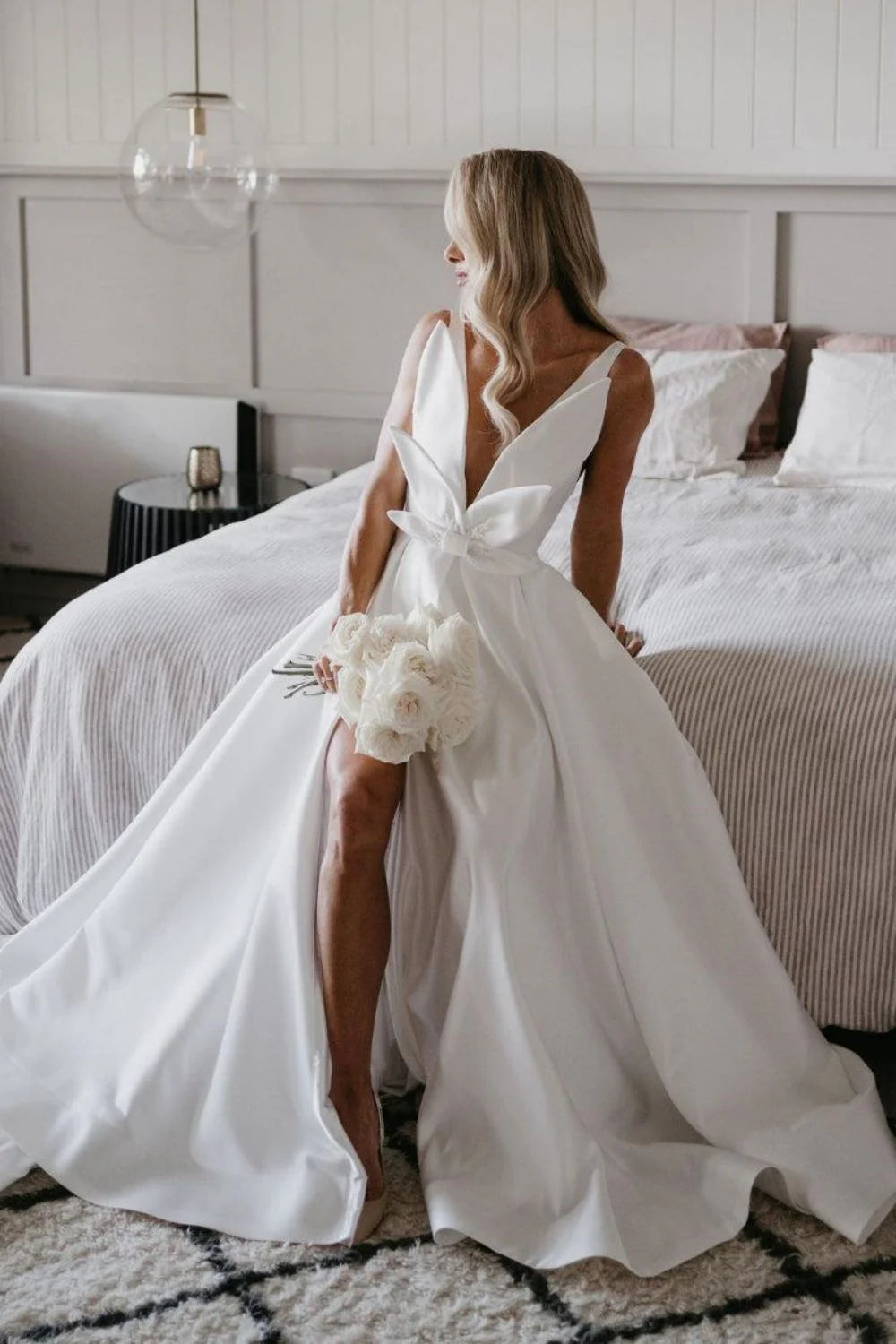 Hot A Line Deep V Neck White Wedding Dress with Bowknot