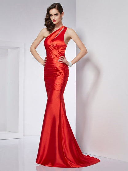 Sheath Elastic Woven Satin One-Shoulder Sleeveless Sweep/Brush Train With Beading Dresses