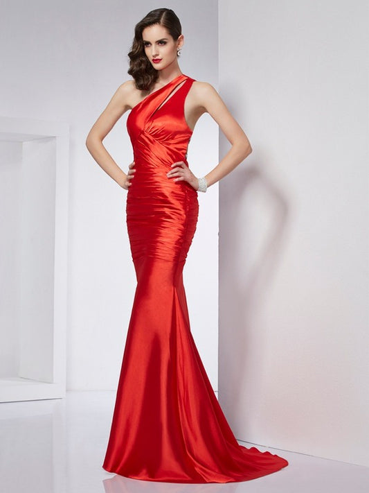 Sheath Elastic Woven Satin One-Shoulder Sleeveless Sweep/Brush Train With Beading Dresses