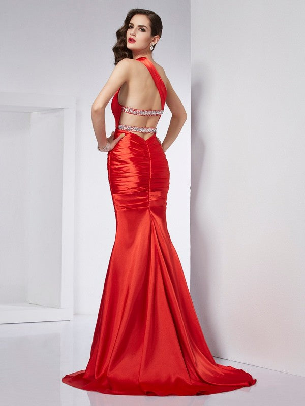 Sheath Elastic Woven Satin One-Shoulder Sleeveless Sweep/Brush Train With Beading Dresses