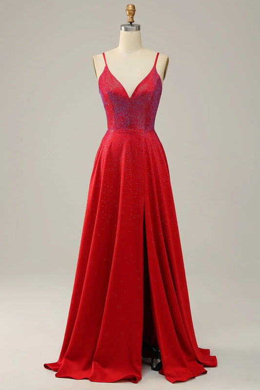 A-line deep V-thin suspender red bead long ball gown